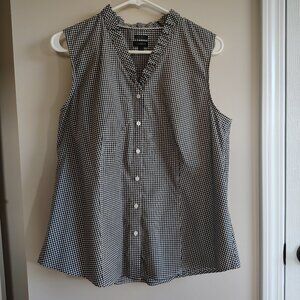 NWOT Talbots Sleeveless Shirt Size 12 Black White Checkered V-Neck Ruffle detail